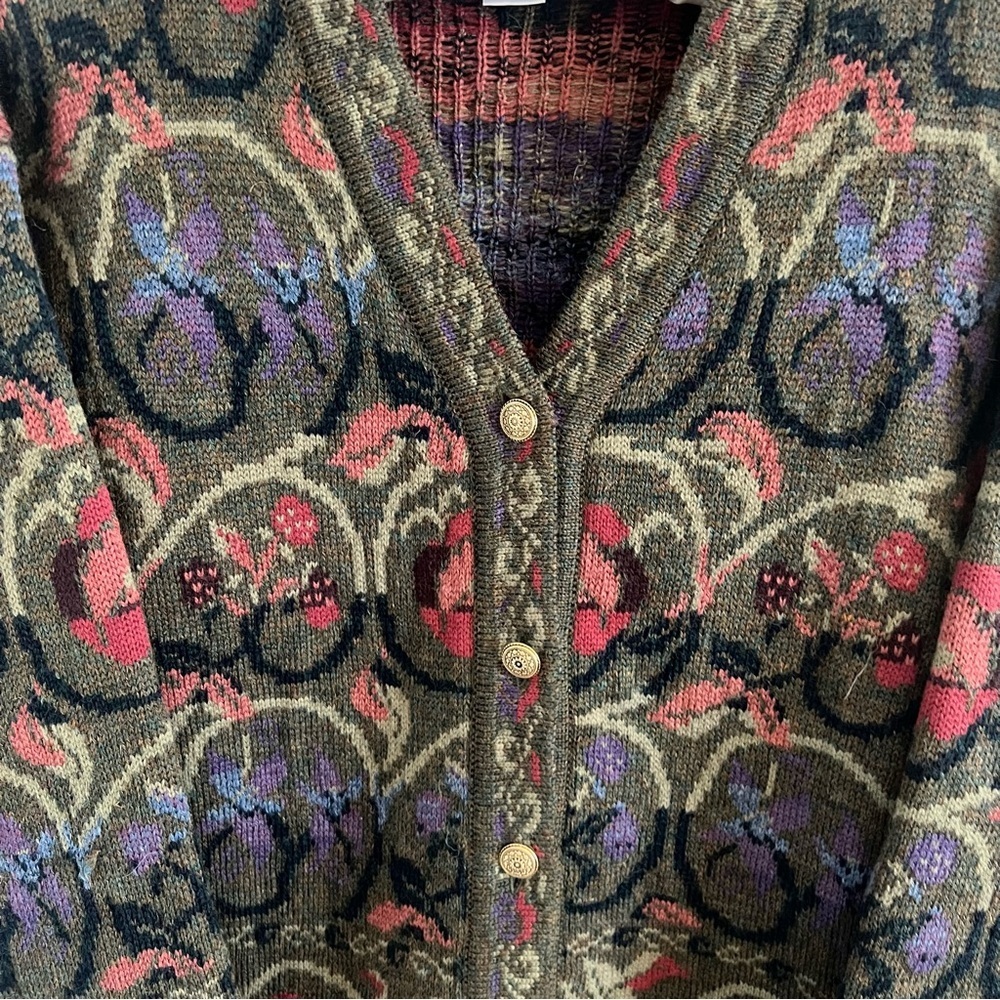 Cherry Lewis Wool Elegant Floral Knit Cardigan Multicolor Womens Medium - Picture 3 of 4